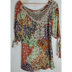 Diane Samandi Silk Multicolor Top 3/4 Sleeve Scoop Neck 100% Silk Women Size XS